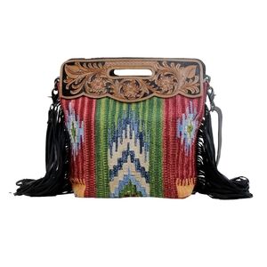 Colorful Woven Women's Bag with Brown Accents